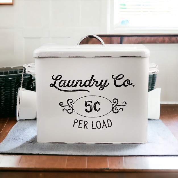 Auldhome Design Enamelware Laundry Powder Container Farmhouse Style Metal Detergent Bin W Scoop