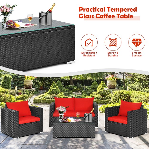 Costway 4pcs Patio Rattan Furniture Set Cushioned Sofa Chair Coffee Table Garden Red