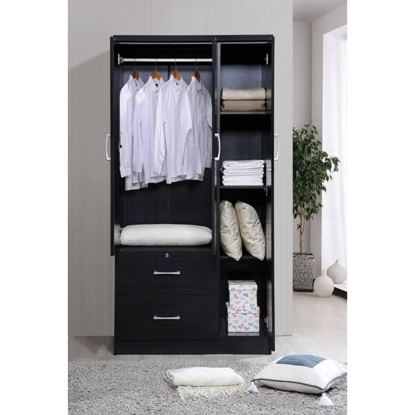 Hodedah Import 3 Door Armoire with Clothing Rod， Shelves， and 2 Drawers， Black - - 37191678