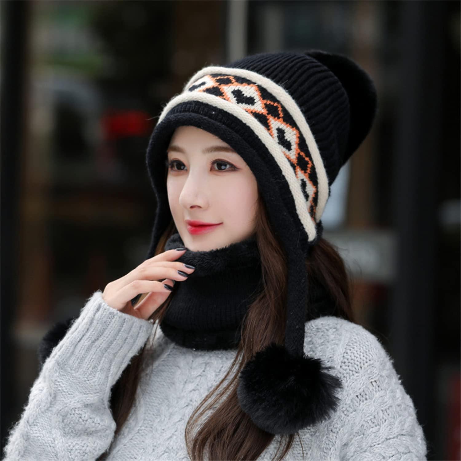 Women Winter Beanie Hat Peruvian Circle Scarf Set Ski Ear Flaps Caps Dual Layered Fleece Lined Pompoms E1450215-black -