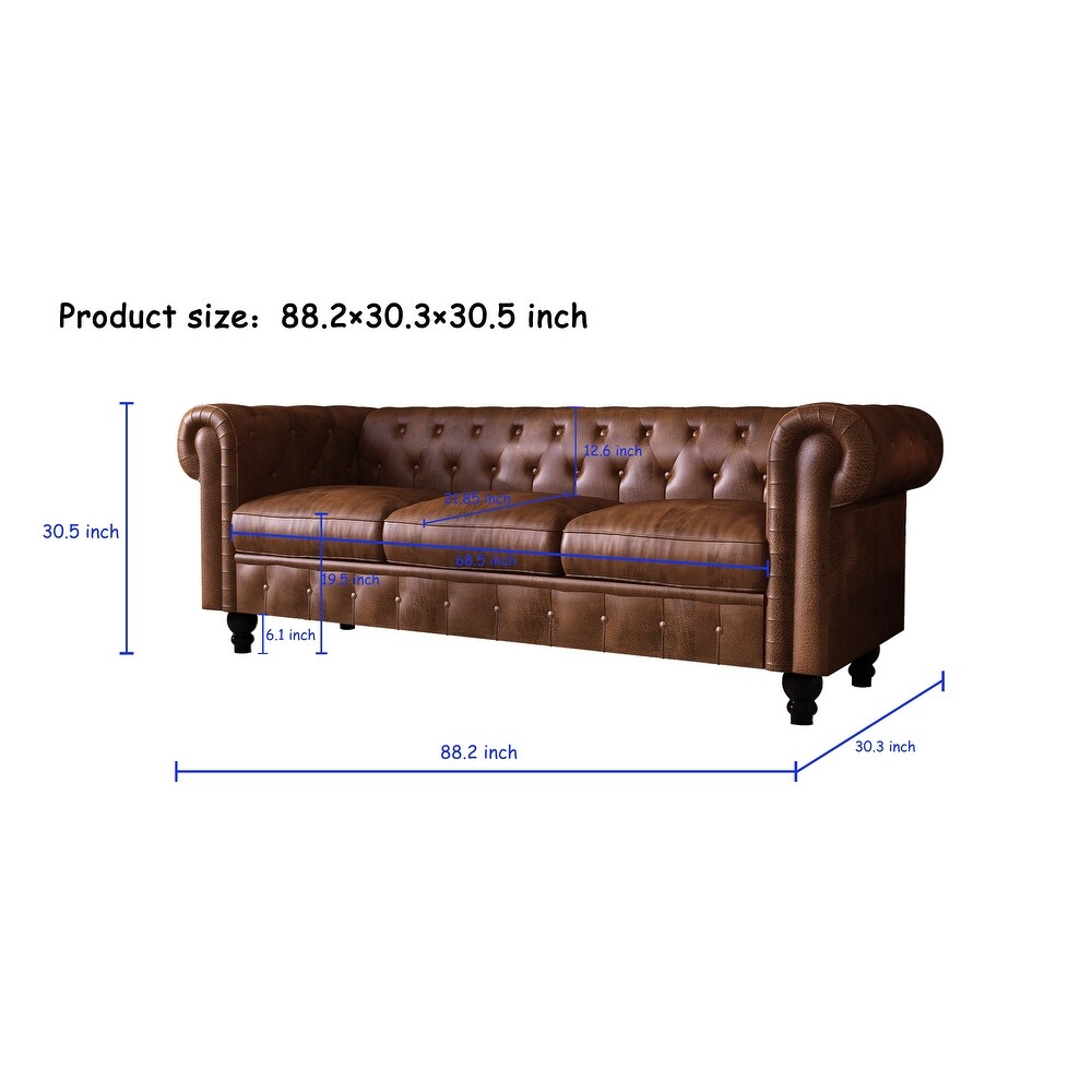 Button Tufted 3 seat Sofa Chesterfield Loveseat Leather Sofa for Living Room  Rolled Arms Couch with 4 Gourd Shaped Legs  Brown