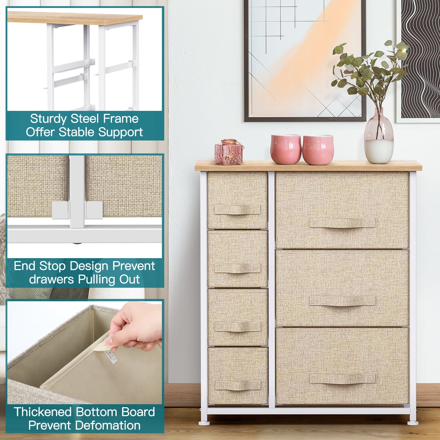 Beige Modern 7 Drawer Fabric Dresser with Wood Top