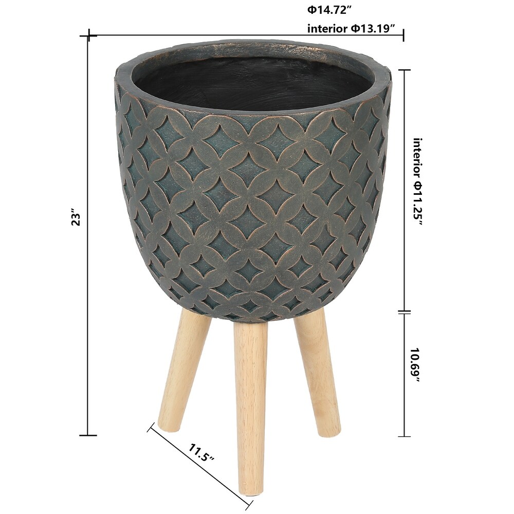 Butterfly Embossed Brown 12.3 Inch Round MgO Planter with Wood Legs