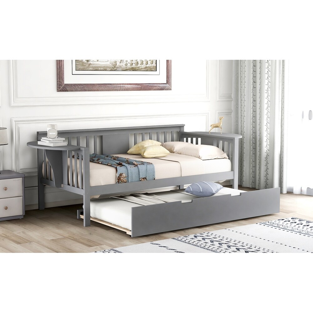 Twin Wooden Daybed Sofa Bed with 1 Trundle and 2 Extra Connected Small Coffee Table Shelf  Grey