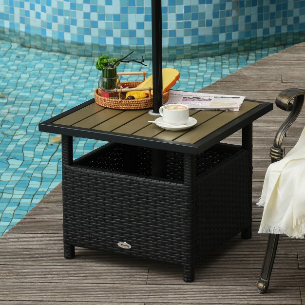 Outsunny 22 x27 x27 Rattan Wicker Side Table With Steel Frame Umbrella Insert Hole Sand Bag For Outdoor Patio Garden Backyard