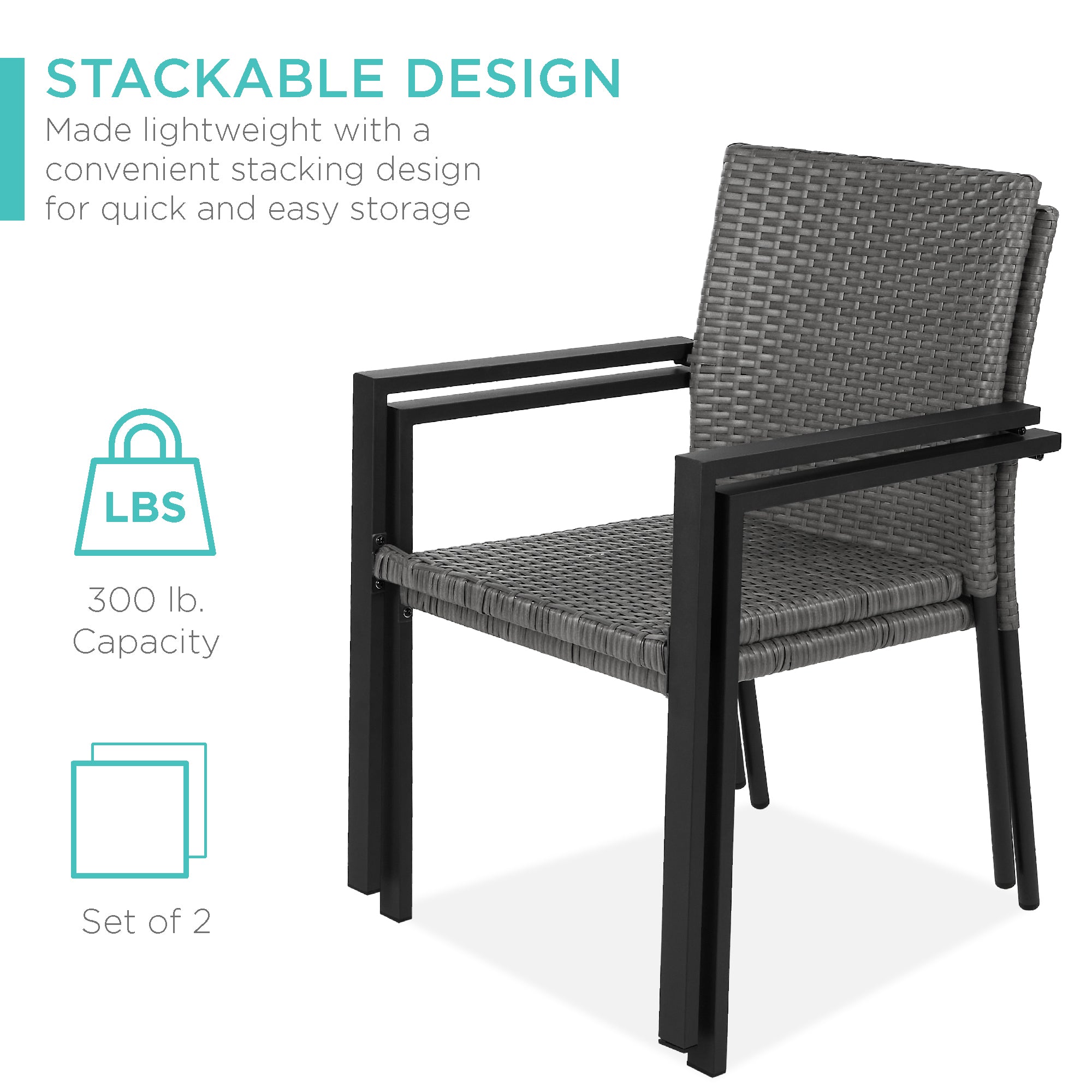 Best Choice Products Set of 2 Stackable Wicker Chairs w/ Armrests, Steel Conversation Accent Furniture for Patio - Gray