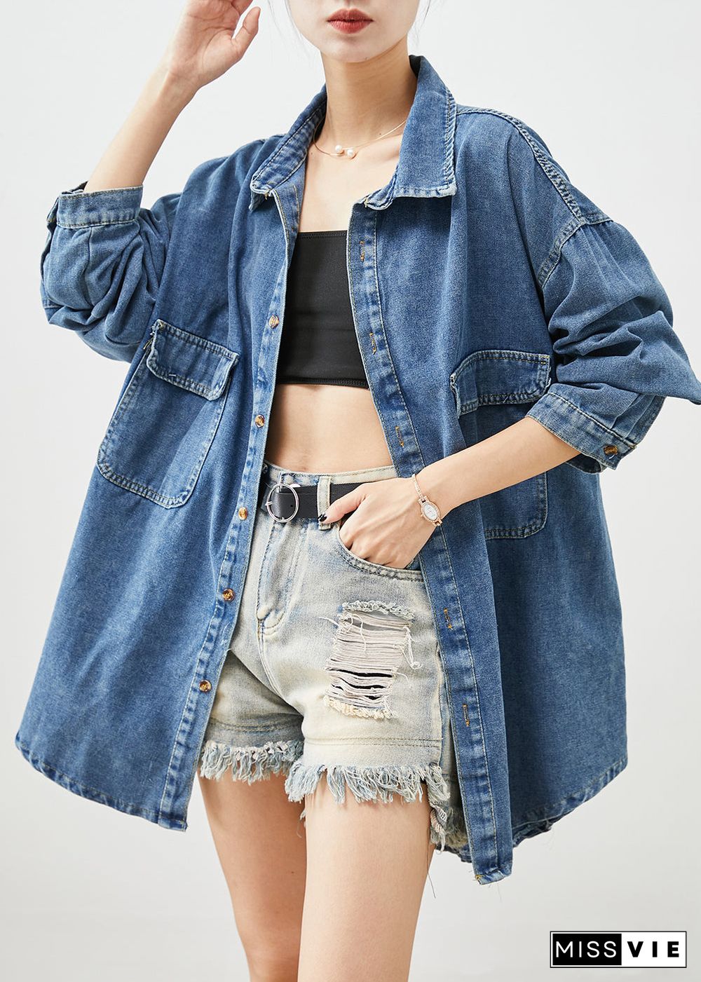 Simple Blue Oversized Pockets Denim Coat Outwear Fall