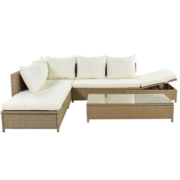 3-Piece All-Weather Rattan Sofa Set with Adjustable Chaise Lounge and Tempered Glass Table， Natural Brown， Beige Cushions - Overstock - 37495310