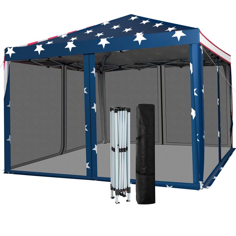 10 x 10 FT Pop Up Canopy Tent with Carry Bag & Netting, American Flag Printing Outdoor Gazebo