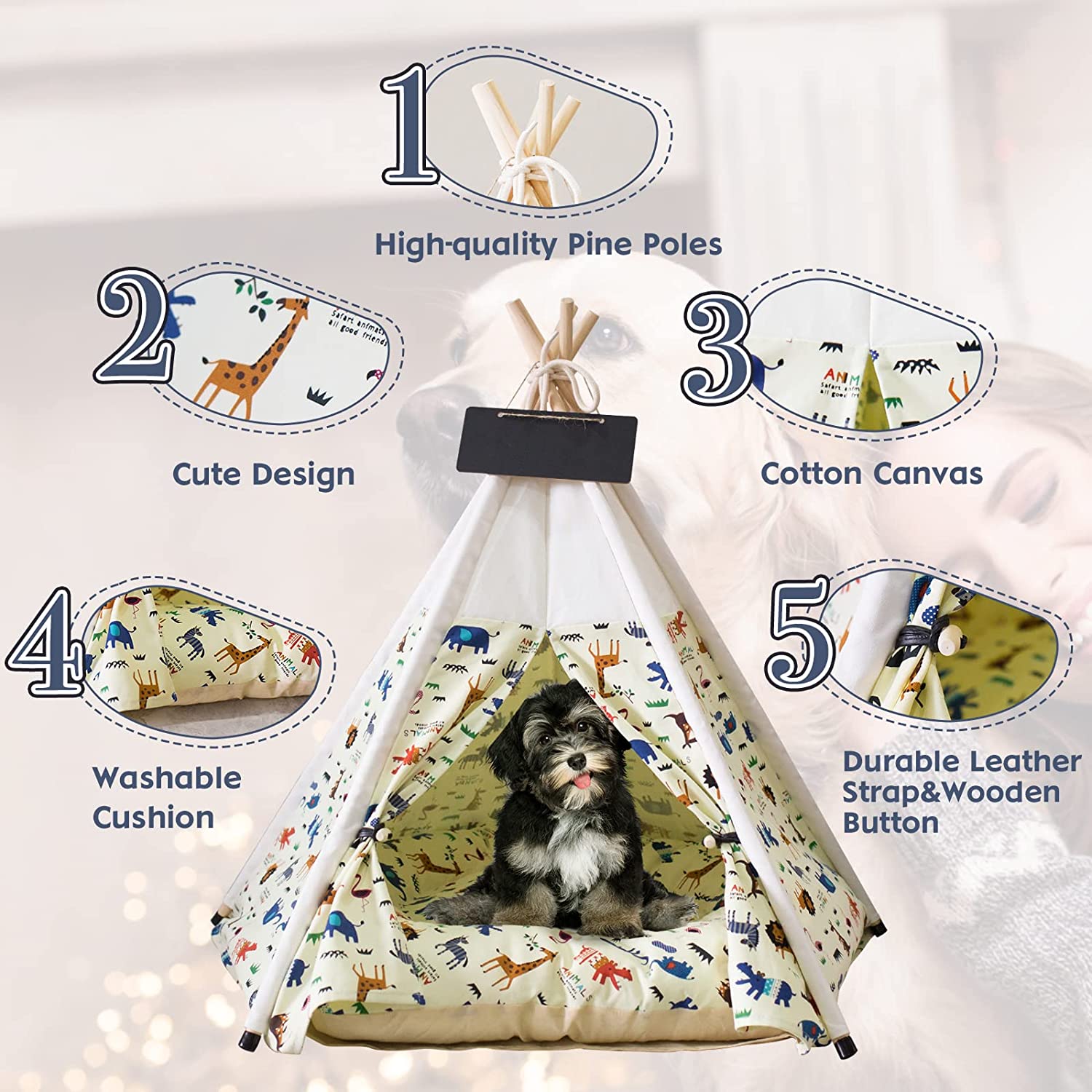 Pet Teepee Tent for Dogs and Cats with Thick Cushion ， 24 Inch Portable Indoor Dog House Dogs/Puppy Pet Houses with Bed，Cat Teepee Tent Washable，Tents Pet Houses Bed Easy to Assemble (Animal)