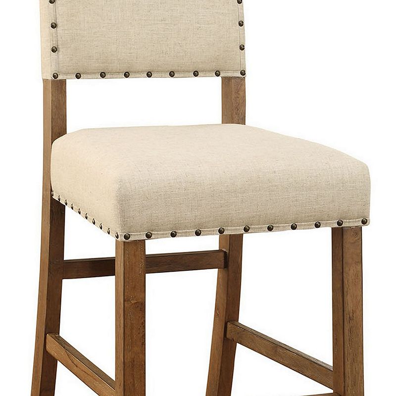 Counter Height Chair， Beige Fabric， Nailhead Trim， Set of 2， Brown Wood Legs