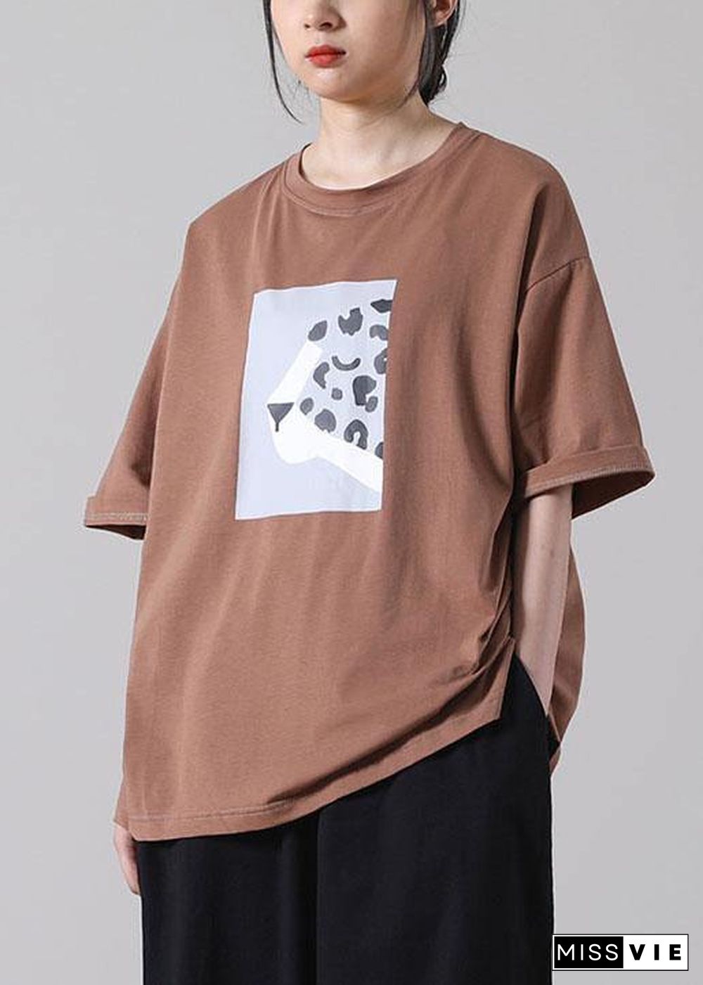 Plus Size Chocolate Print Cotton Short Sleeve Summer Shirt Tops