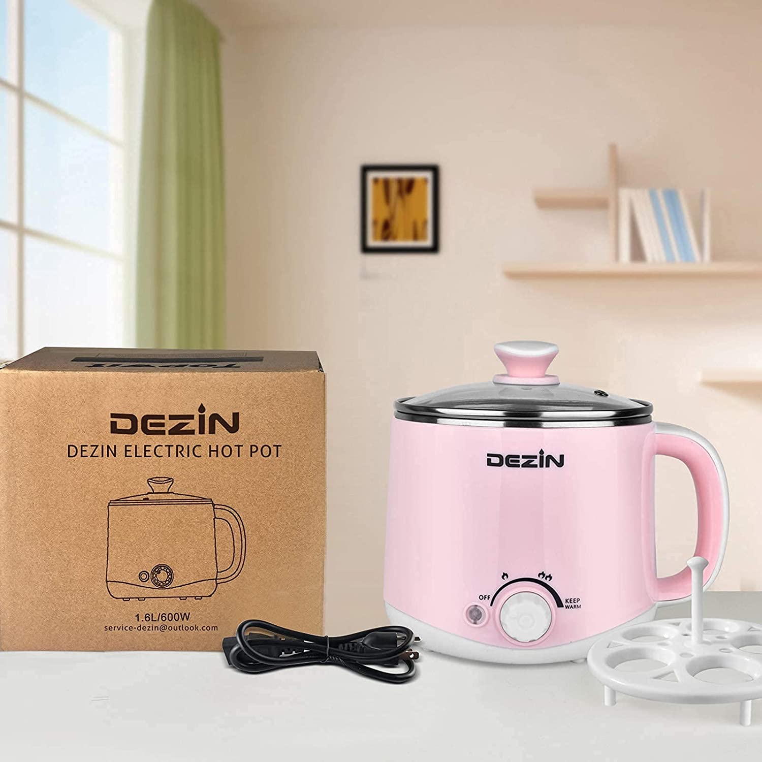 Dezin Electric Hot Pot， Rapid Noodles Cooker， Stainless Steel Mini Pot 1.6 Liter， Perfect for Ramen， Egg， Pasta， Dumpling， Soup， Porridge， Oatmeal with Power Adjustment and Keep Warm Function， Pink