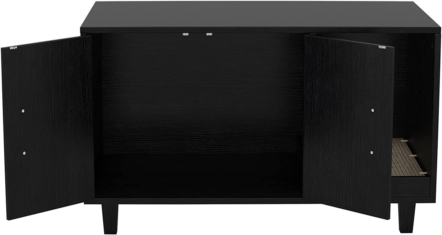 Modern Wood Pet Crate Cat Washroom Hidden Litter Box Enclosure Furniture House as Table Nightstand with Scratch Pad，Stackable (Black)