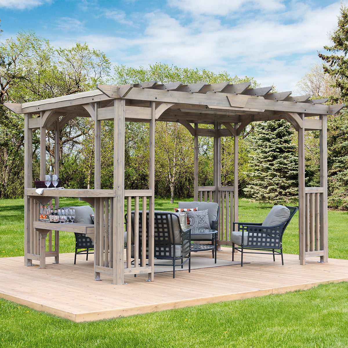 Yardistry YM11783 10 ft. x 14 ft. Madison Pergola with Bar and Sunshade, Grays