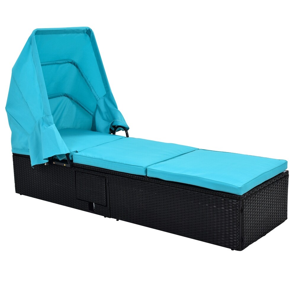 Long Reclining Single Chaise Lounge With Cushions Canopy And Cup Table  Weather Durable Frame