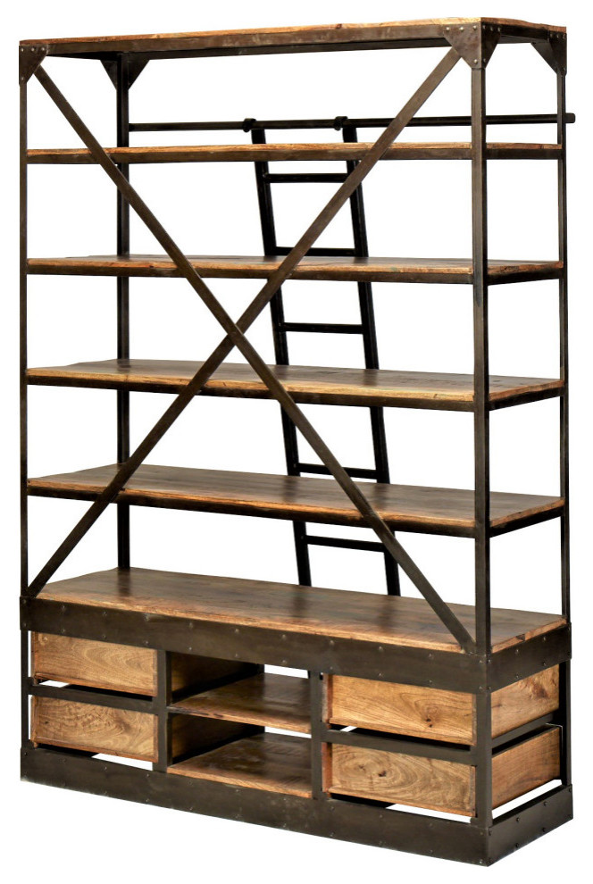 80x62 quotRustic Industrial Mobile Library Bookcase with Ladder and Drawers   Industrial   Bookcases   by Sideboards and Things  Houzz