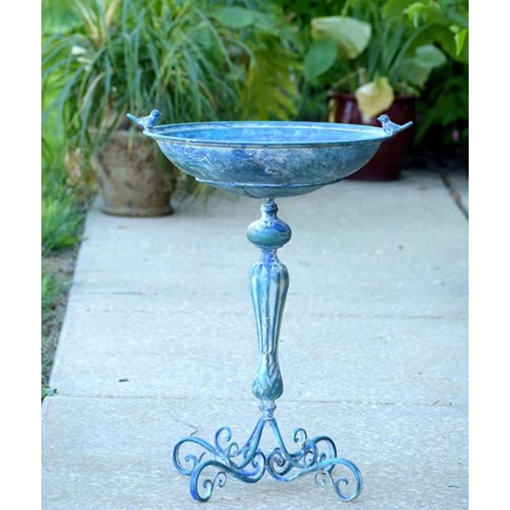 Zaer Ltd. International Iron Pedestal Birdbath with Little Bird Detail in Antique Blue ZR160318-BL