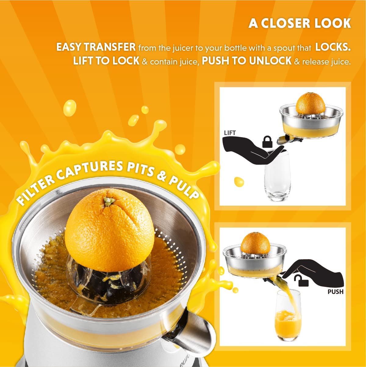 Eurolux ELCJ-1600 Electric Citrus Juicer - Powerful Electric Oranges Juicer and for Lemons with New and Improved Juicing Technology - Stainless Steel Orange Juicer with Soft Grip Handle and Cone Lid