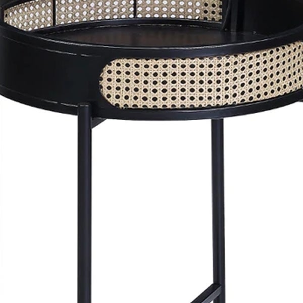 Bert 24 Inch Round End Table， Rattan Apron Accent， Metal Legs， Black