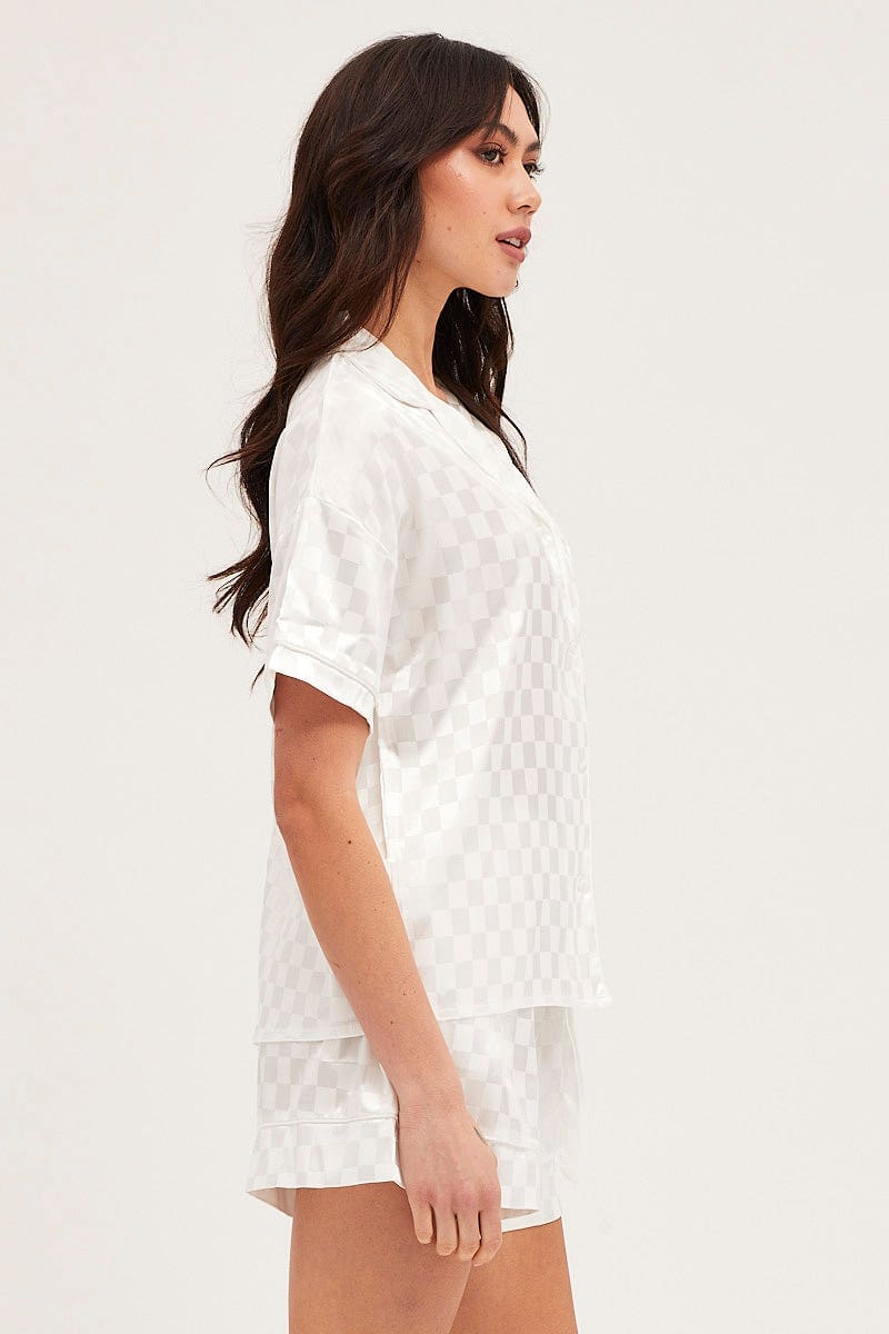 Check Satin Pajamas Set Short Sleeve