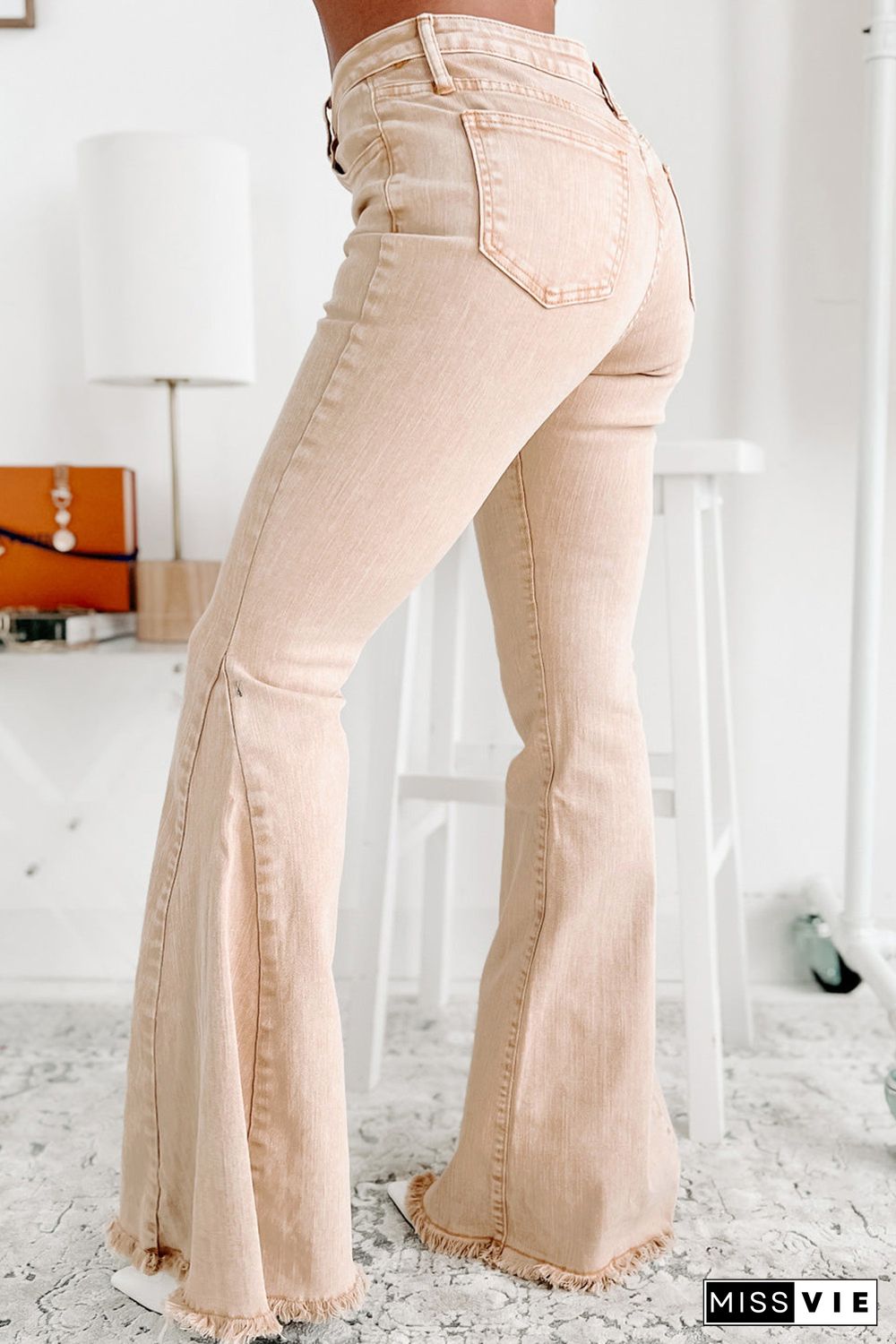 Khaki Raw Edge Mid Waist Flared Jeans