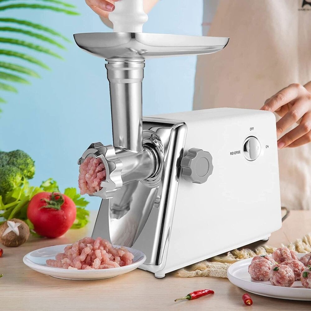 White Electric Meat Grinder with Sausage， 3 Grinder Plates， 600W Power