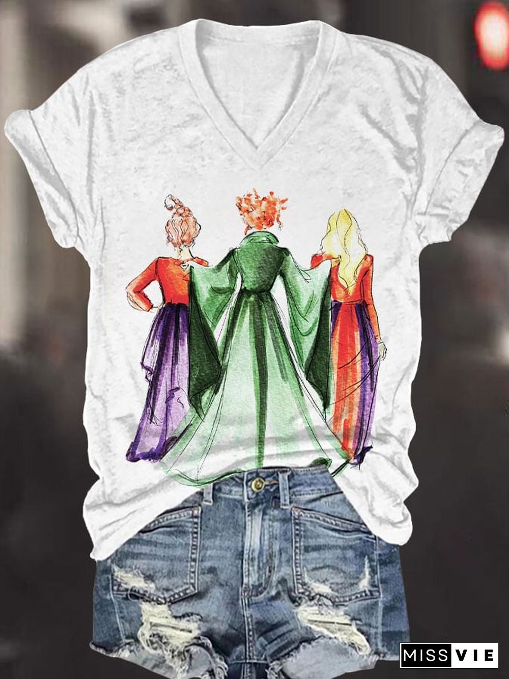 Women's Witch Sisters Print V-Neck T-Shirt