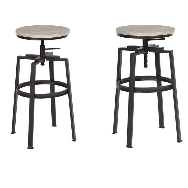 Set of 2 Swivel Adjustable Height Metal and Wood Bar Stools