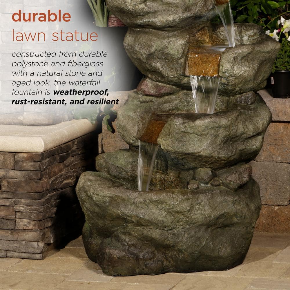 Alpine Corporation 48 in. Tall Outdoor Multi-Tier Pristine Waterfall Fountain with LED Lights TZL106