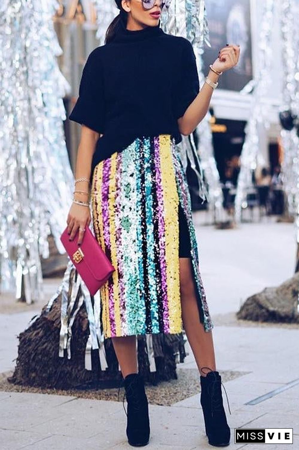 Colorful Sequin Slit Skirts