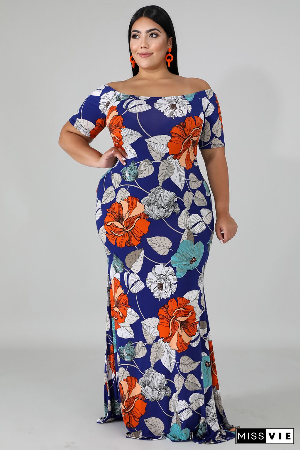 Blue Off-the-shoulder Floral Print Plus Size Maxi Dress