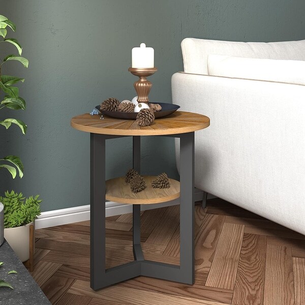 End Table Solid Wood 2-Tier Circle Side Table Nightstand - 19'3