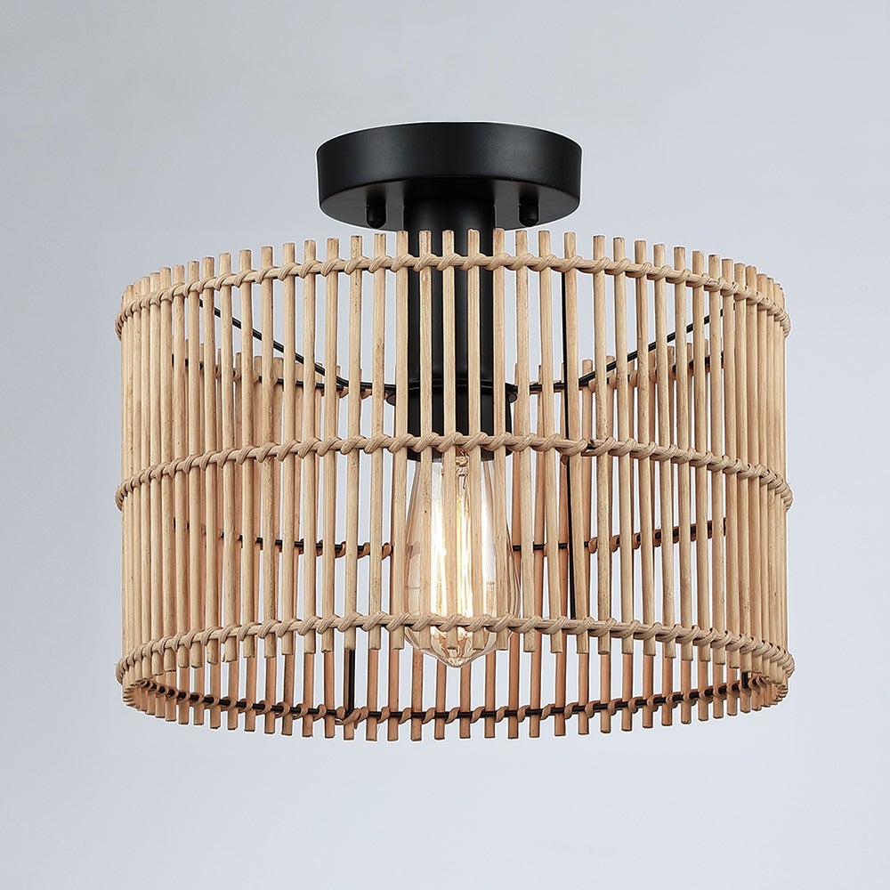 True Fine Eclectic Natural Rattan and Bamboo Semi Flush Mount Ceiling Light with Black Hardware - 11.8W