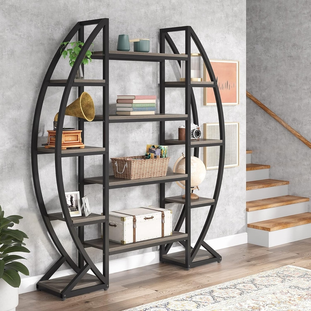 Industrial Bookshelf  Oval Triple Wide 5 Tiers Etagere Bookcase   11.81\