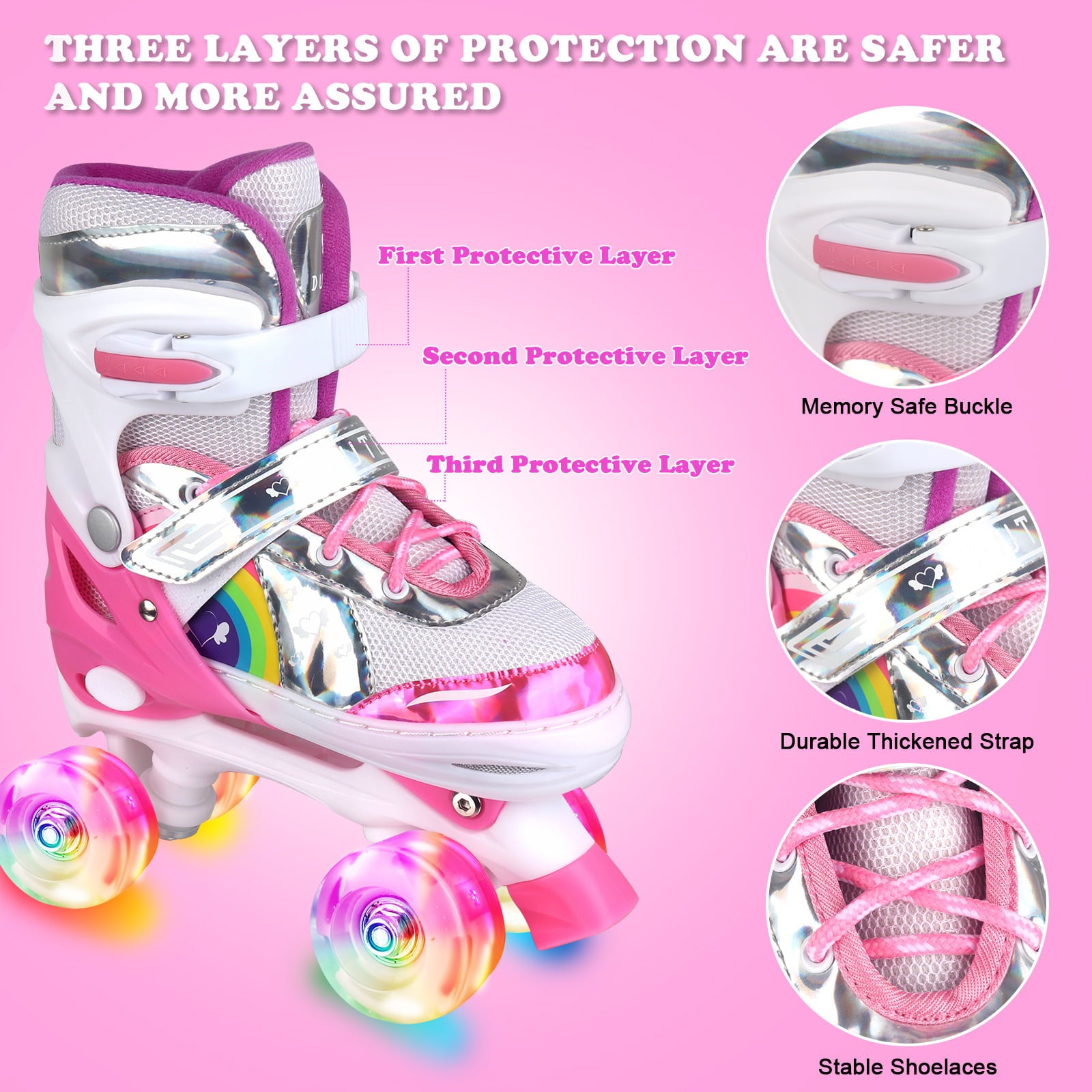 Roller Skates Adjustable Size with Light Up Flash LED 4 Wheels Fun Illuminating for Kids Children Boys Girls Multicolor， Size 10C-13C (Pink)