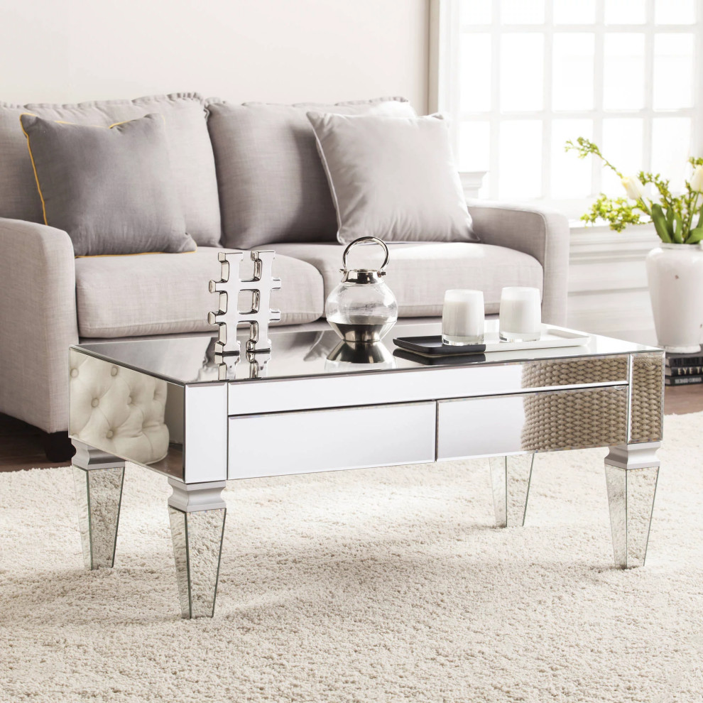 Elegant Coffee Table  Mirrored Design With Tapered Legs and 2 Storage Drawers   Contemporary   Coffee Tables   by Declusia  Houzz