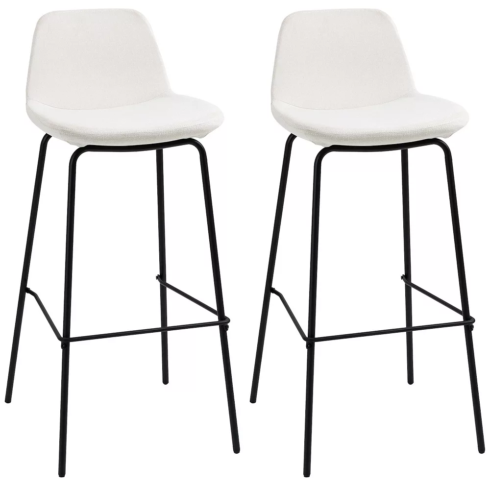 HOMCOM 29.5 Seat Height Bar Stools Set of 2， Upholstered Bar Chairs， Armless Barstools with Back， Steel Legs， Cream White