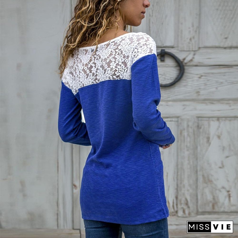 Women Round Neck Ladies Fashion Casual Long Sleeves Tops Sexy Lace Pullover Plus Size T-Shirt Solid Color Loose Top Cotton Blouse