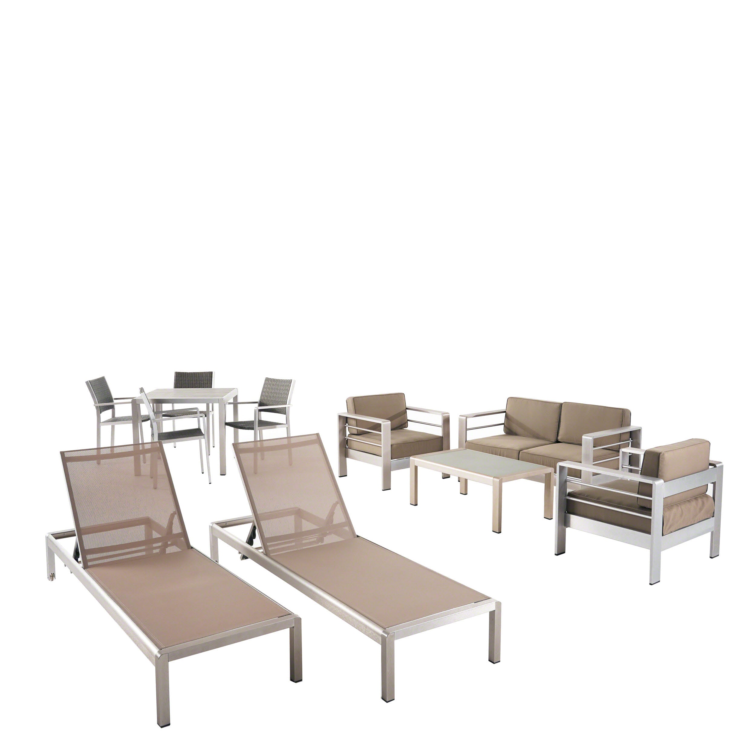 Julia Patio Collection - 4-Seat Dining Set, 3-Piece Conversation Set, 2 Chaise Lounges, Coffee Table - Aluminum - Faux Wood Table Top - Silver, Gray, Khaki