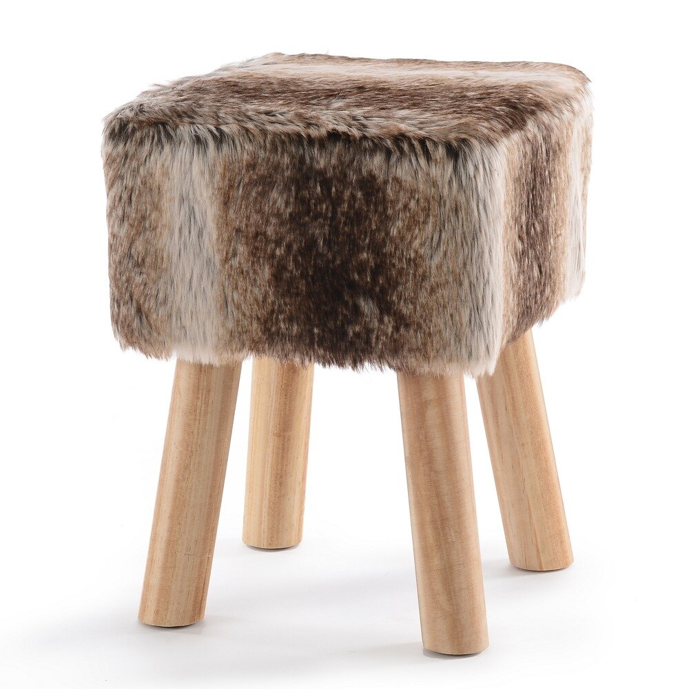 Cheer Collection FauxFur Small Wood Leg Stool