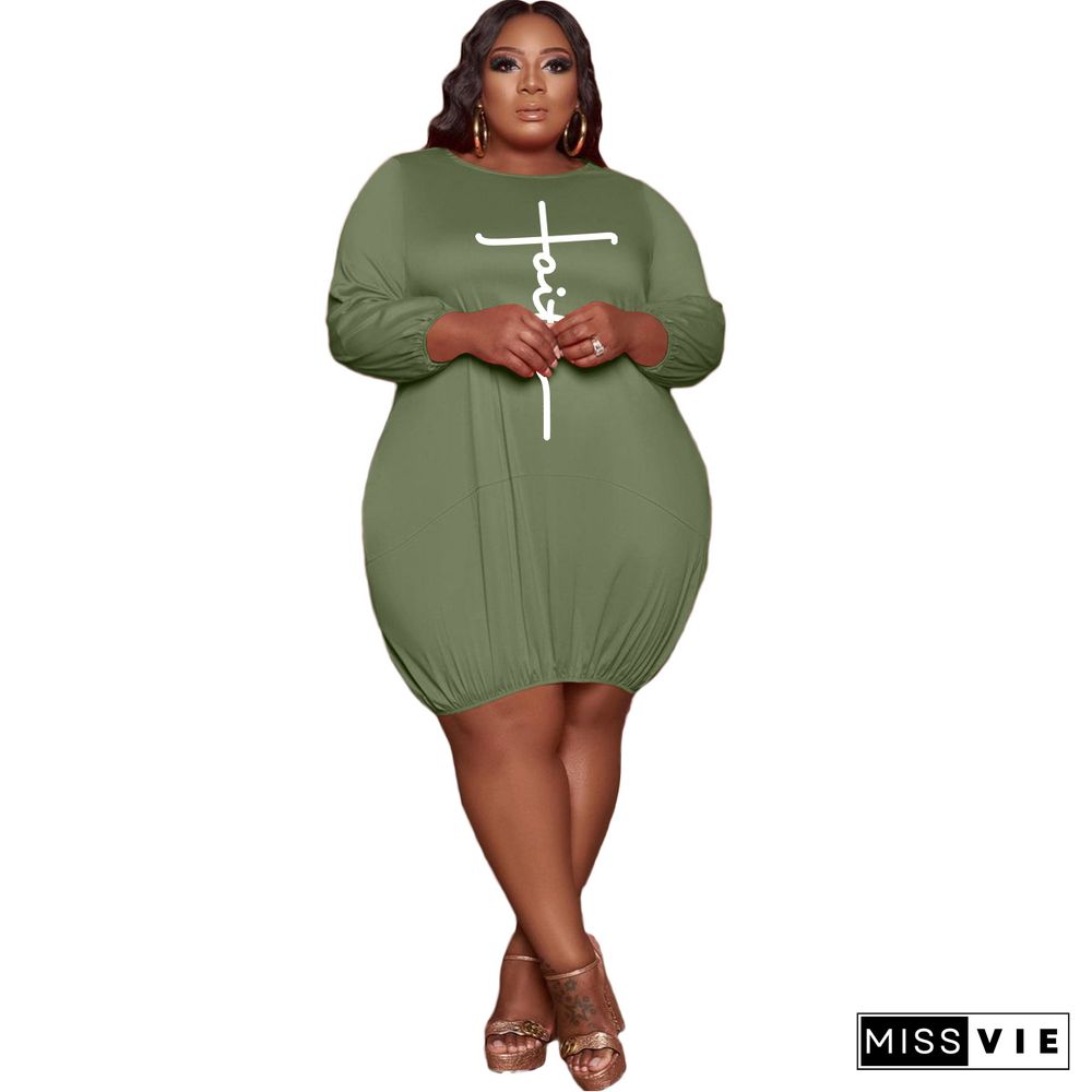 Plus Size Long Sleeve O Neck Loose Midi Dress