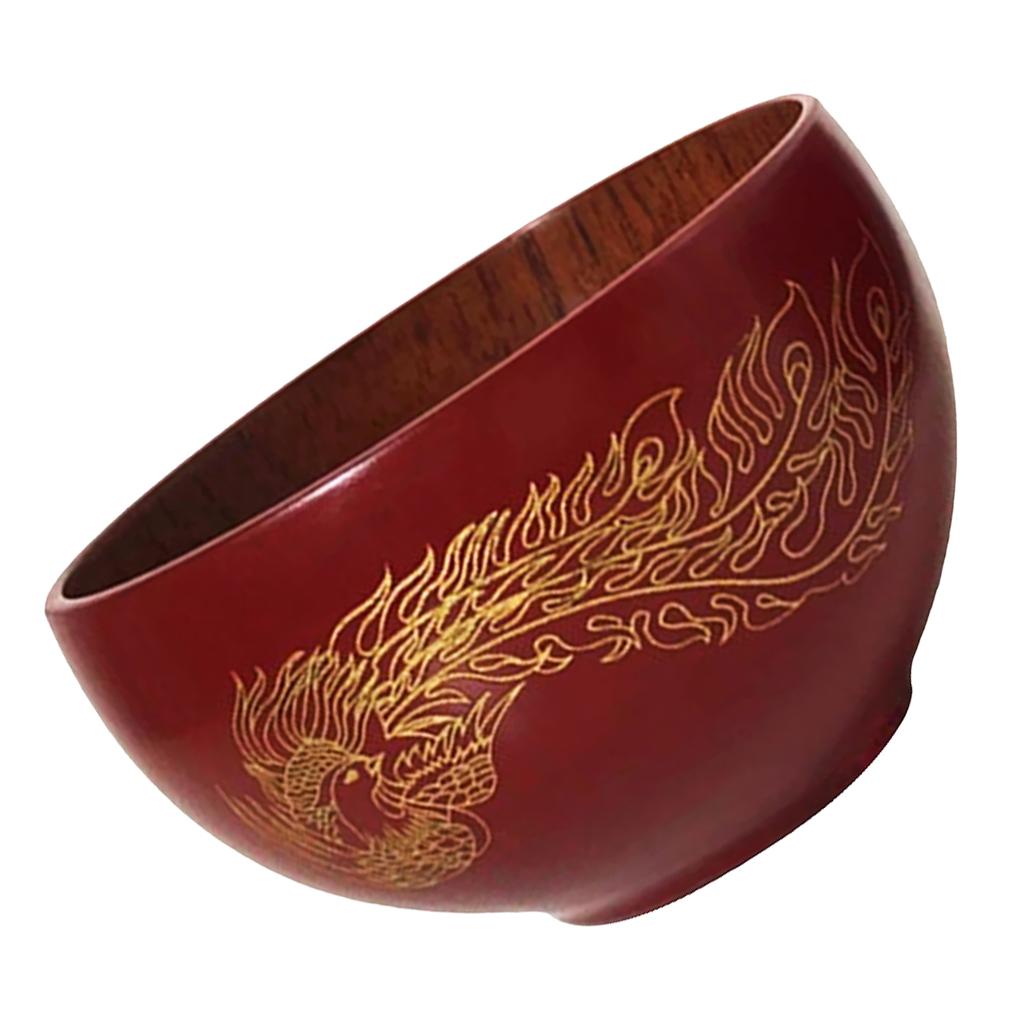 Phoenix Pattern Wood Rice Noodles Hand-crafted Serving Bowl Japanese Style Tableware Food Container red and Phoenix