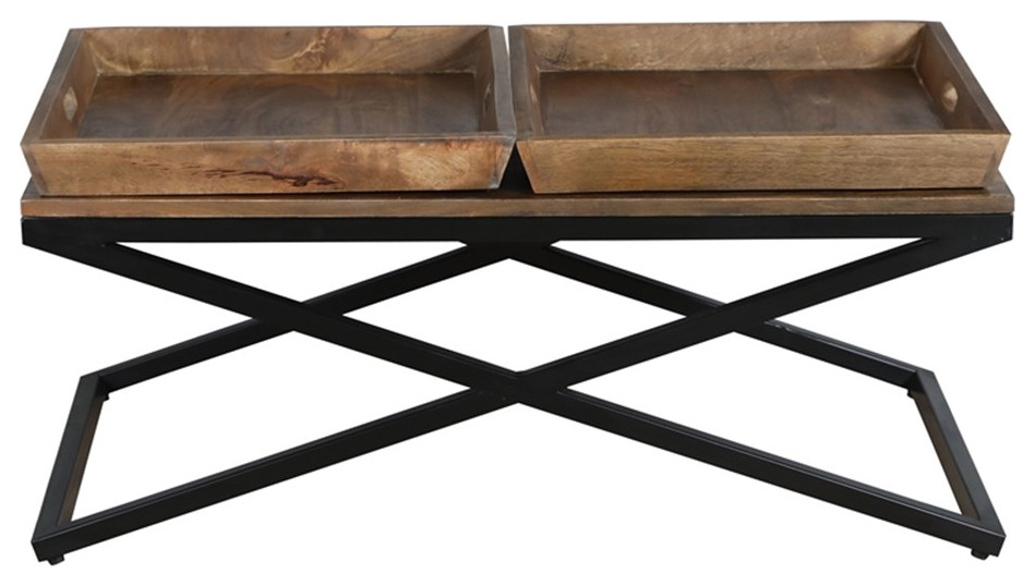 38 Inch Mango Wood Farmhouse Coffee Table  2 Trays  X Iron Base  Brown  ampBlack   Industrial   Coffee Tables   by Homesquare  Houzz