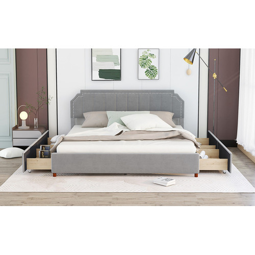 Queen Size Upholstery Platform Bed with Four Stora...