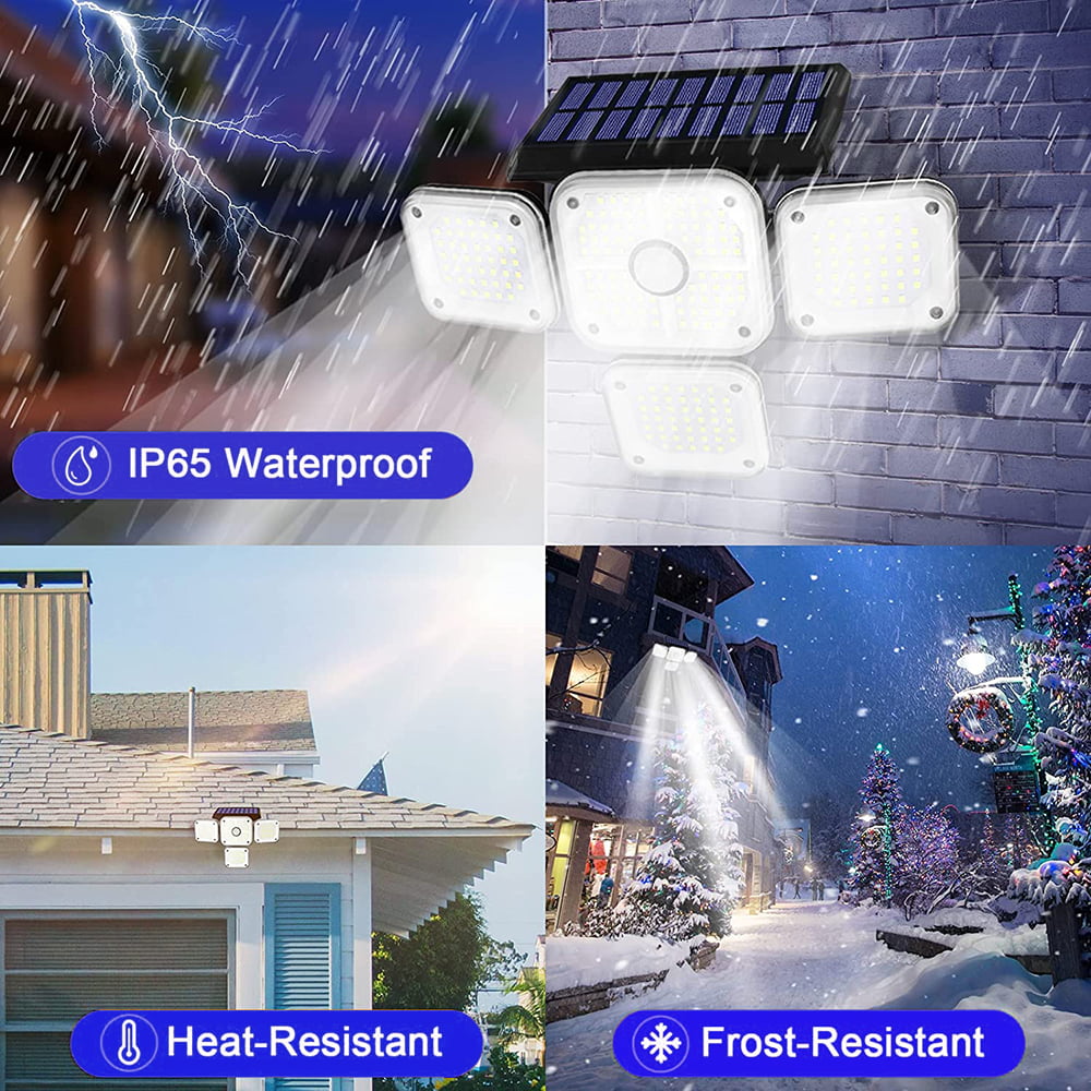 231LED Solar Lights Outdoor， 4 Heads Motion Sensor Security Lights with Wireless Remote Control， 3 Modes， IP65 Waterproof Solar Wall Lights LED Flood Lights for Door， Backyard， Garage， Deck