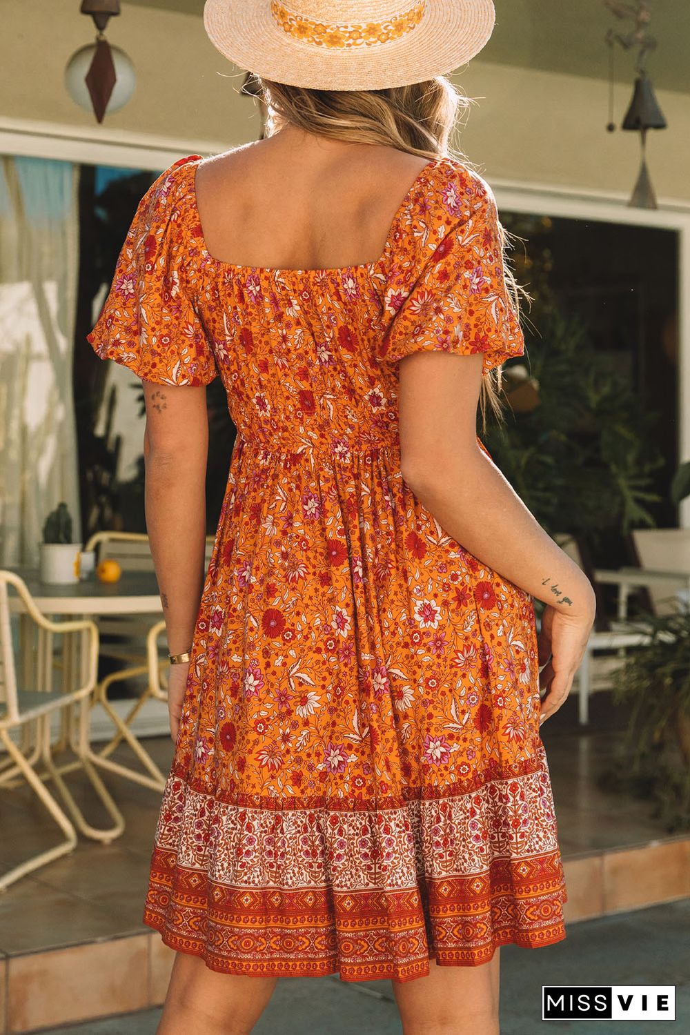 Orange Square Neck Puff Sleeves Flowy Floral Dress