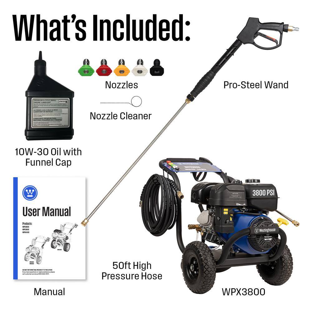 Westinghouse WPX 3800 psi 3.6 GPM 274cc Cold Water Gas Powered Triplex Pump Pressure Washer with 5 Quick Connect Nozzles WPX3800