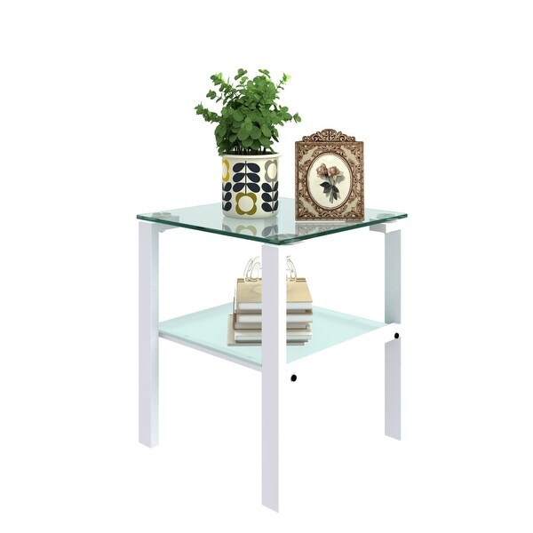 Two Layers Glass Side Table with Glass Tabletop and Metal Legs