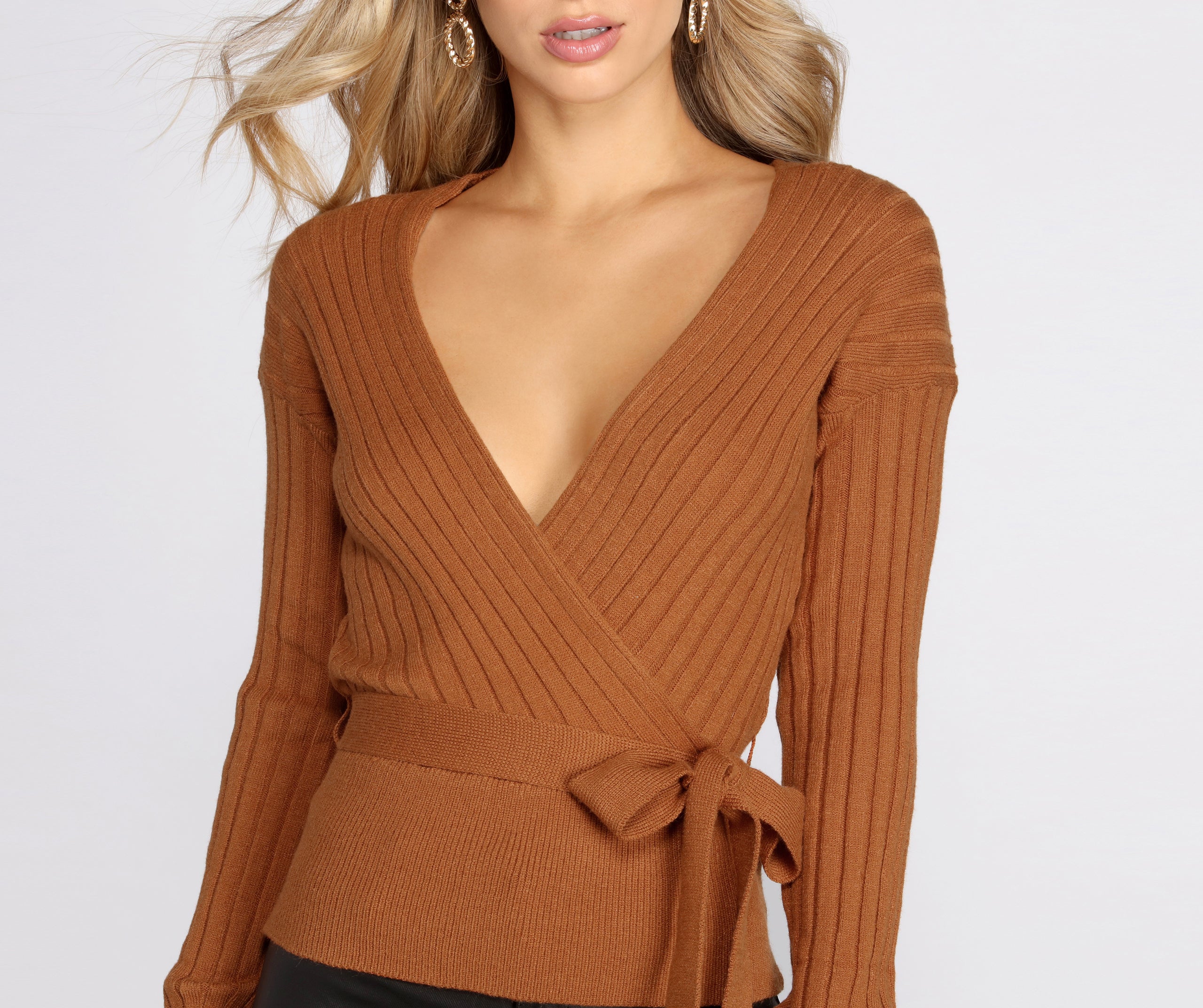 Ribbed Tie Waist Dolman Sweater